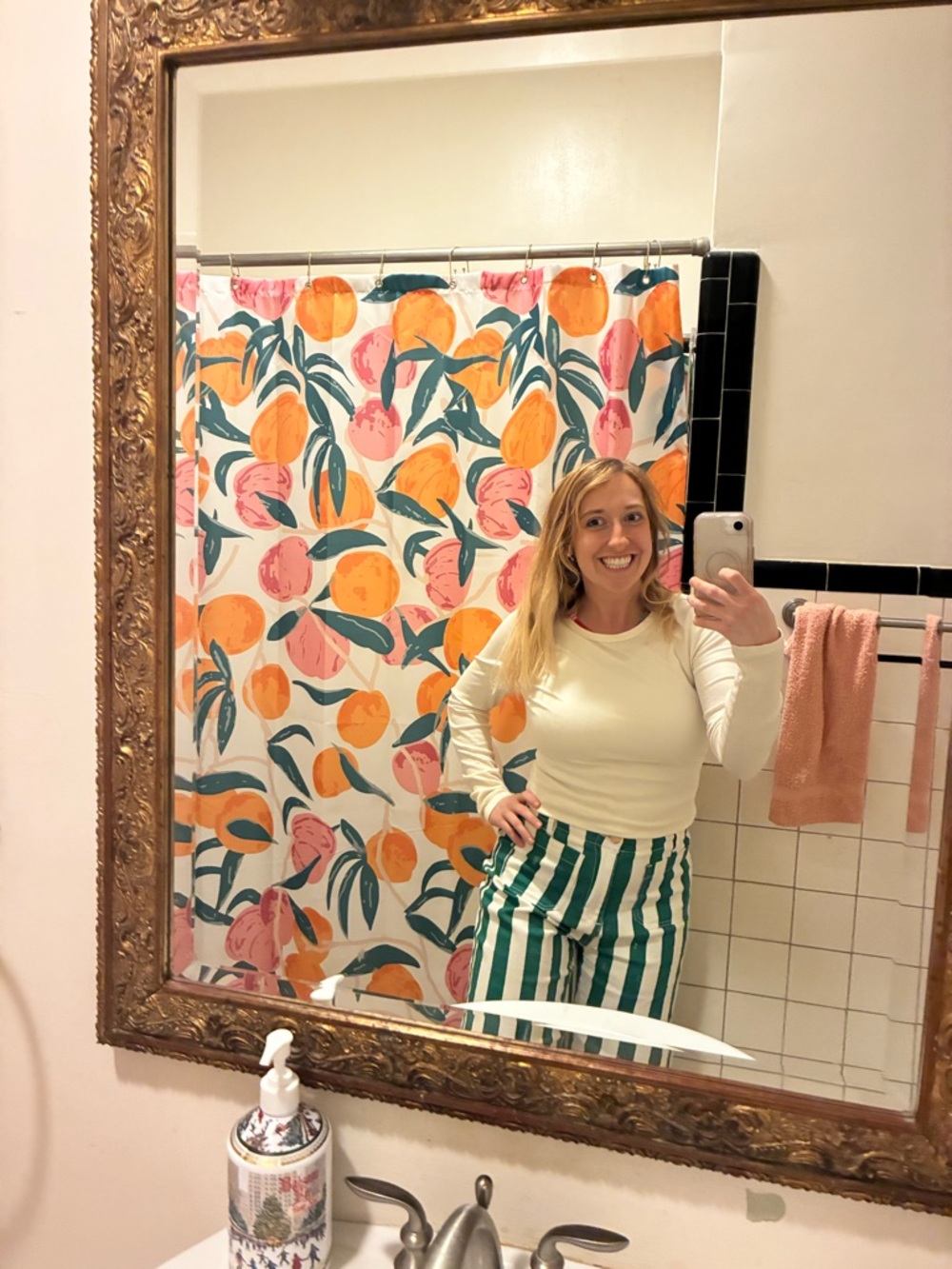Striped Green & White High-Waist Pants